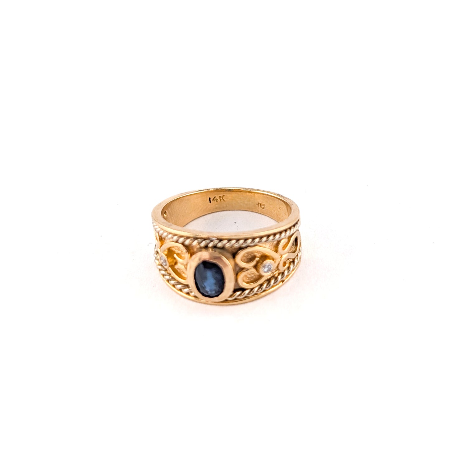 Vintage 14K Gold Sapphire and Diamond Wide Band Ring