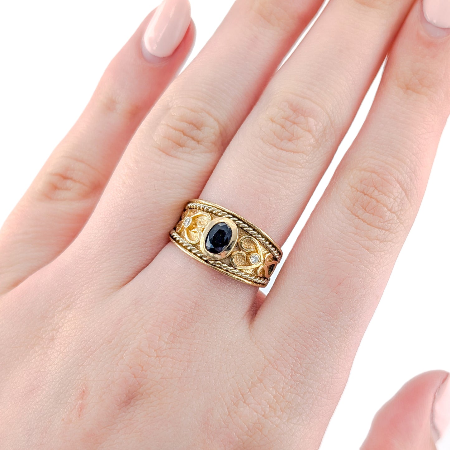 Vintage 14K Gold Sapphire and Diamond Wide Band Ring