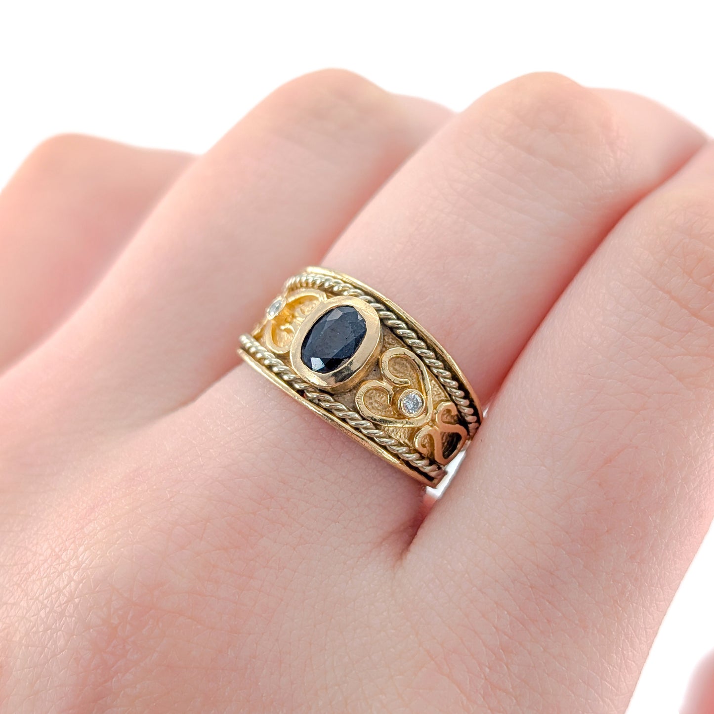 Vintage 14K Gold Sapphire and Diamond Wide Band Ring