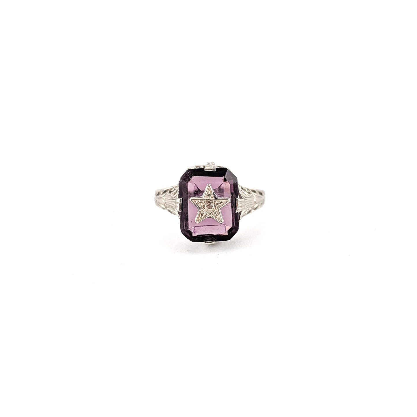 Antique 10K White Gold Ring with Deep Purple Glass – Order Of The Eastern Star, Filigree Shoulders
