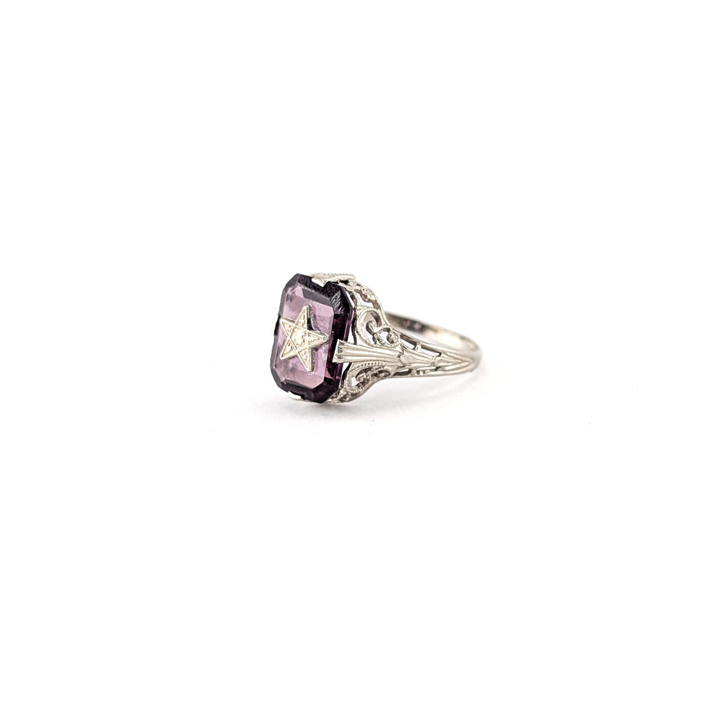 Antique 10K White Gold Ring with Deep Purple Glass – Order Of The Eastern Star, Filigree Shoulders