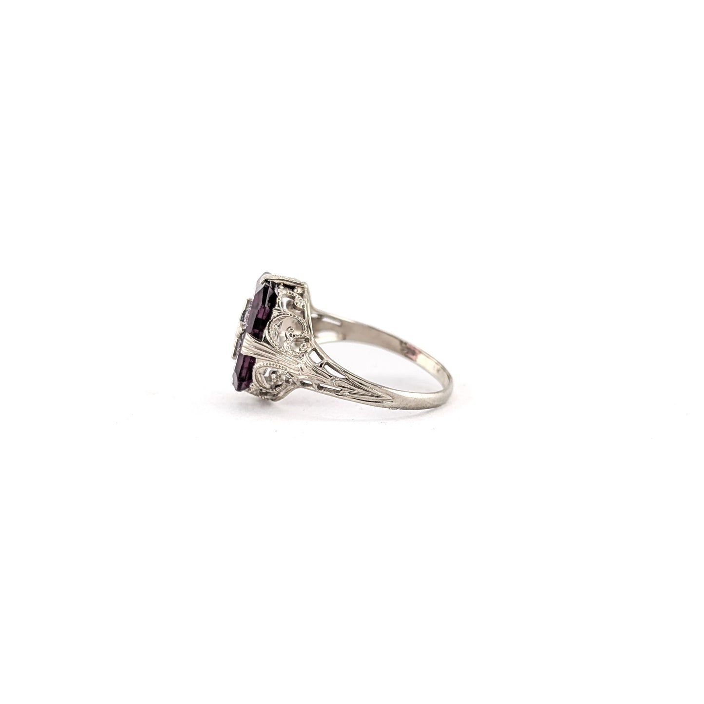 Antique 10K White Gold Ring with Deep Purple Glass – Order Of The Eastern Star, Filigree Shoulders