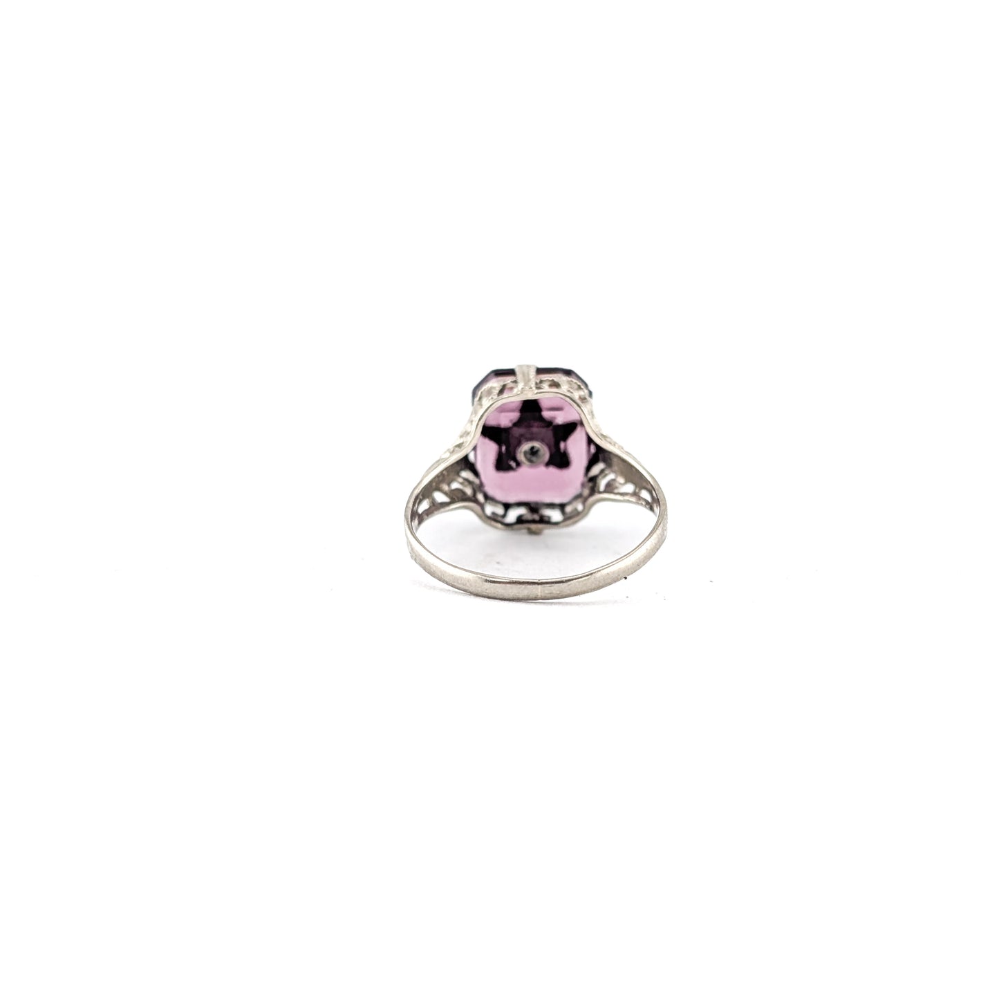 Antique 10K White Gold Ring with Deep Purple Glass – Order Of The Eastern Star, Filigree Shoulders