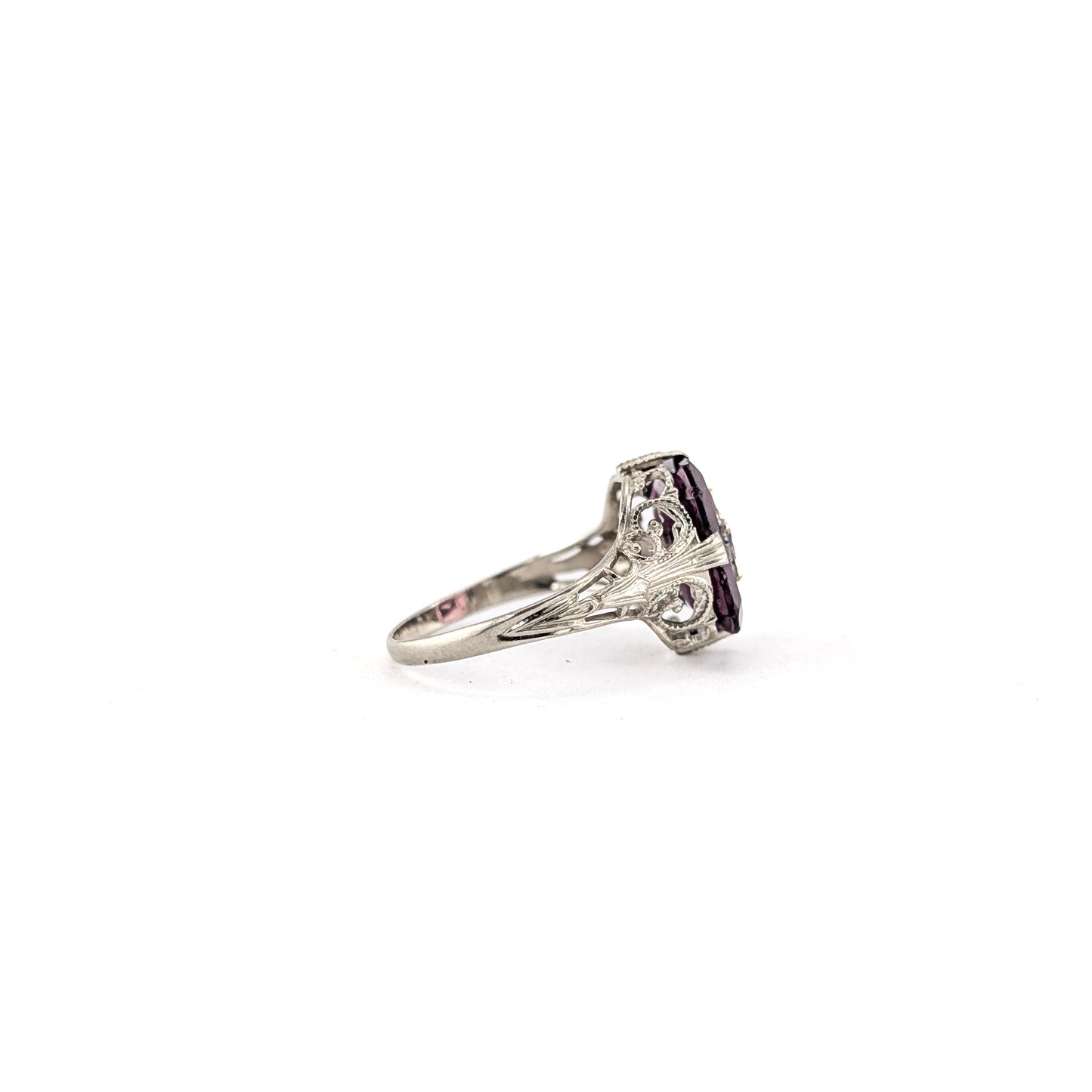 Antique 10K White Gold Ring with Deep Purple Glass – Order Of The Eastern Star, Filigree Shoulders