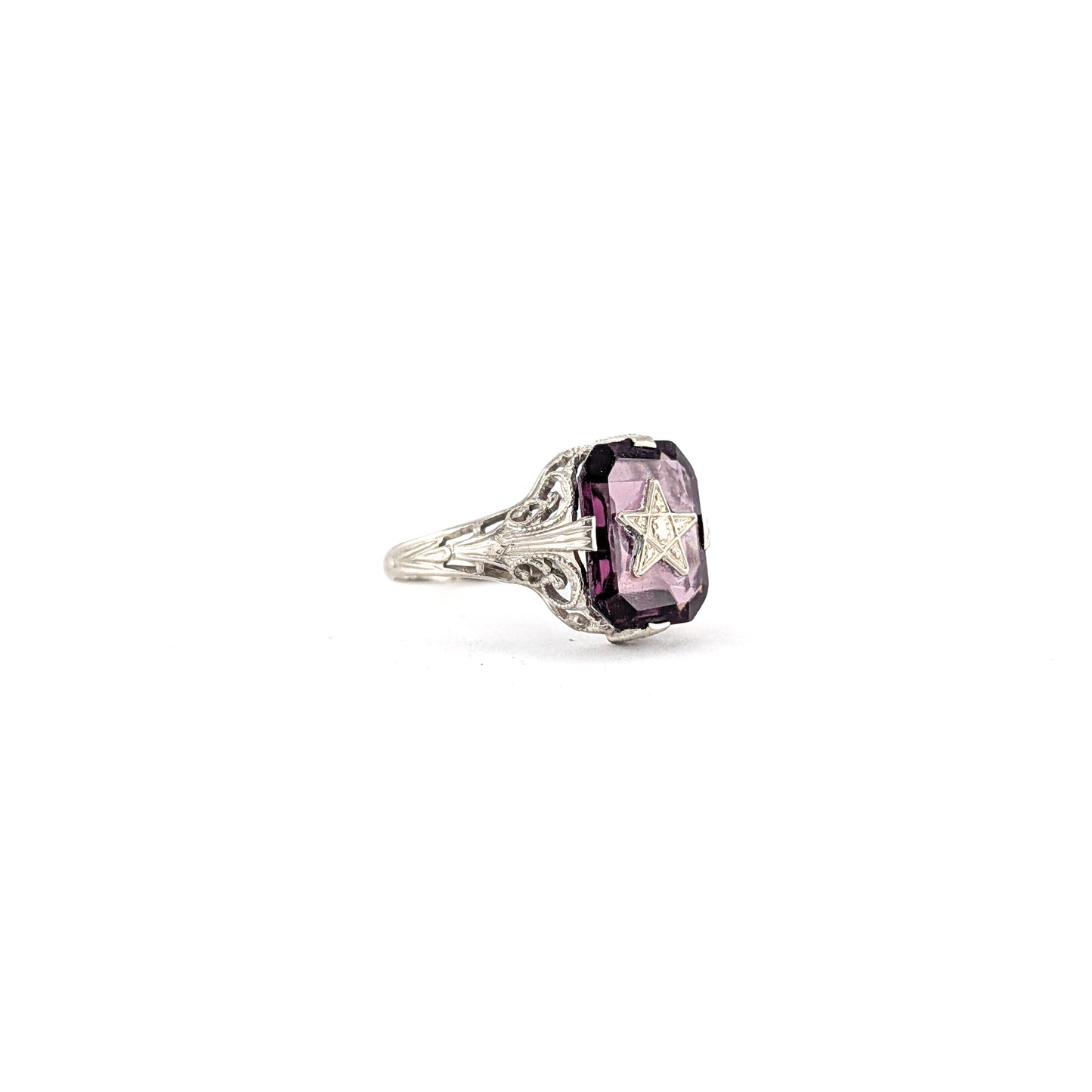 Antique 10K White Gold Ring with Deep Purple Glass – Order Of The Eastern Star, Filigree Shoulders