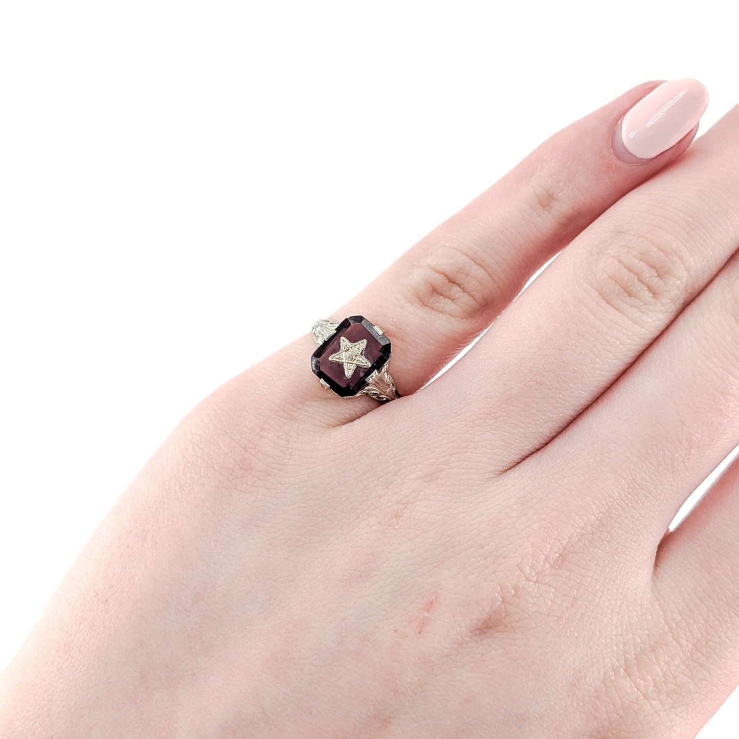 Antique 10K White Gold Ring with Deep Purple Glass – Order Of The Eastern Star, Filigree Shoulders