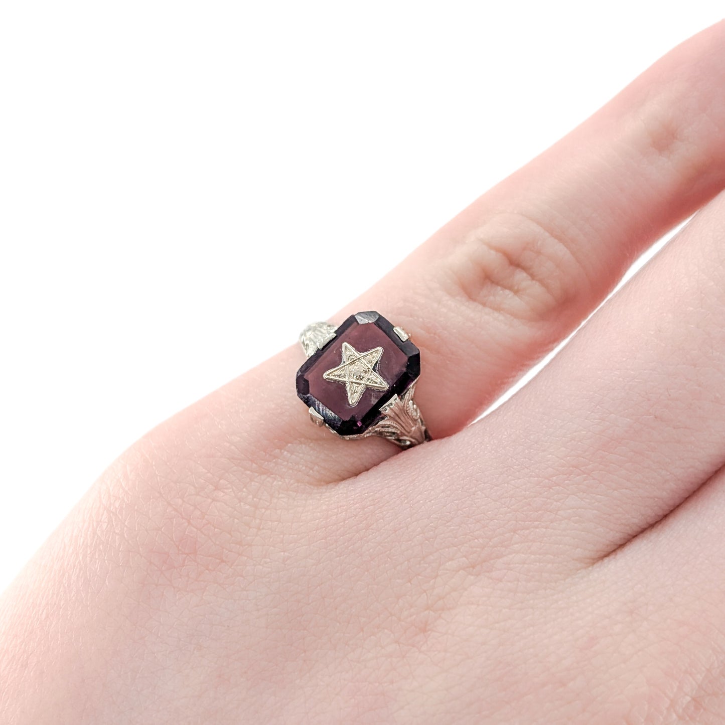 Antique 10K White Gold Ring with Deep Purple Glass – Order Of The Eastern Star, Filigree Shoulders