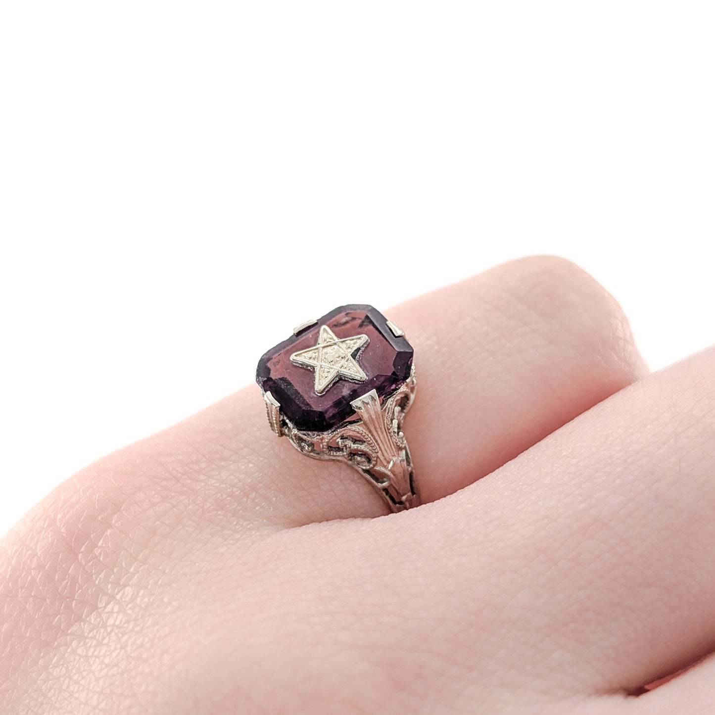 Antique 10K White Gold Ring with Deep Purple Glass – Order Of The Eastern Star, Filigree Shoulders