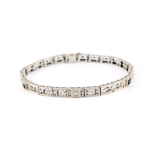 Antique Belais Art Deco 10K White Gold Filigree Bracelet - Diamond Accent & Glass Sapphires