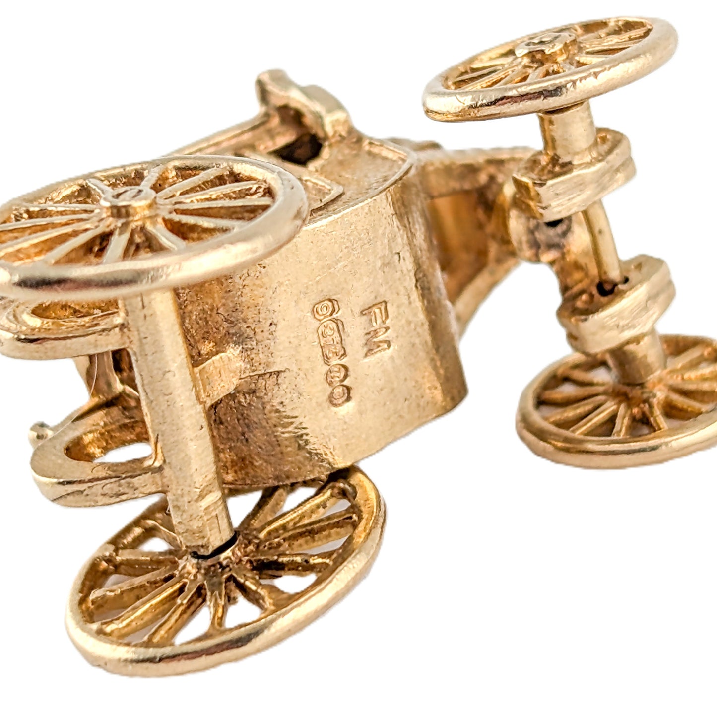 Vintage 9K Gold Moving Carriage Charm – Coach Pendant with Spinning Wheels