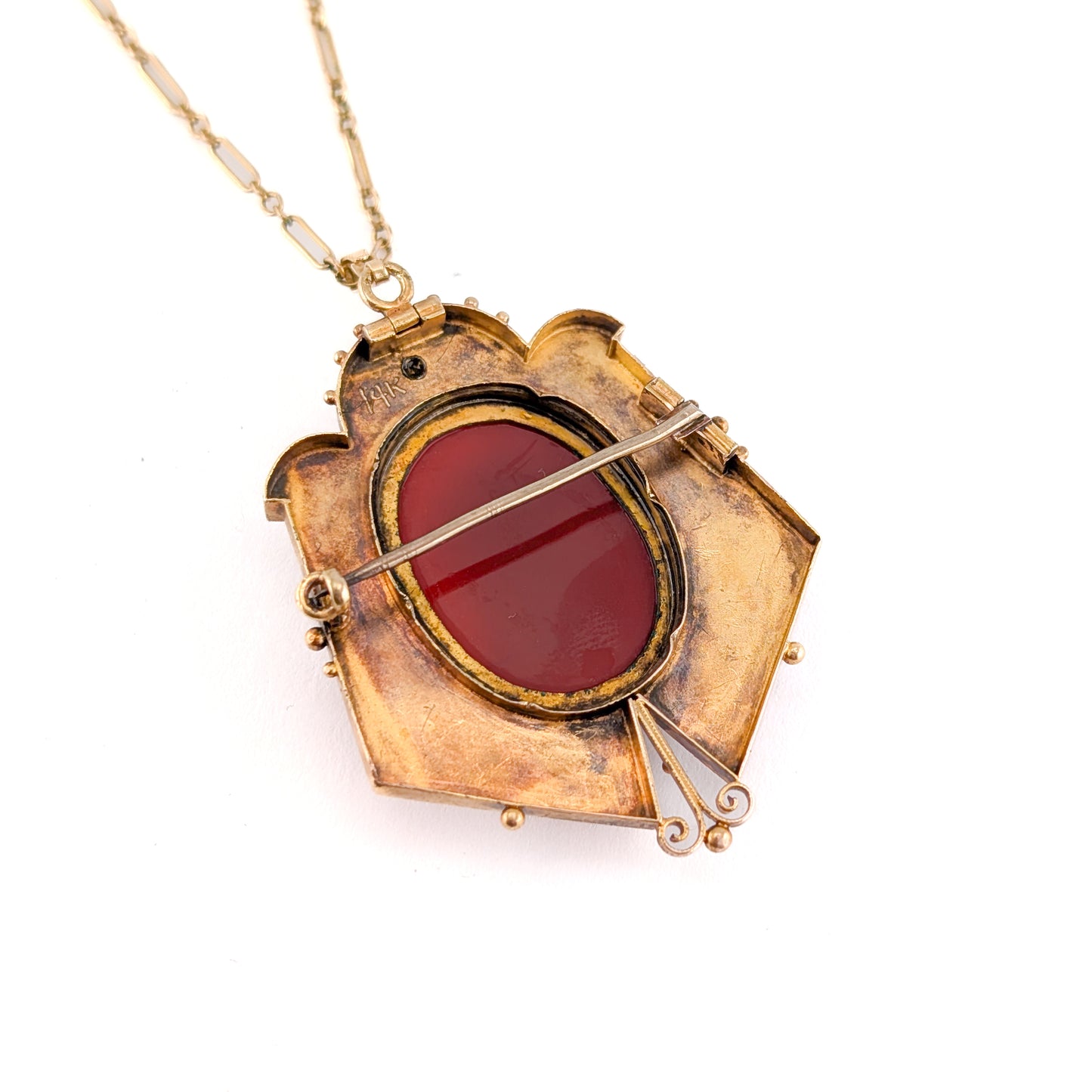 Antique Victorian 14K Gold Carnelian Cameo Pendant Brooch – Hand Carved Lady Cameo Necklace with GF Chain