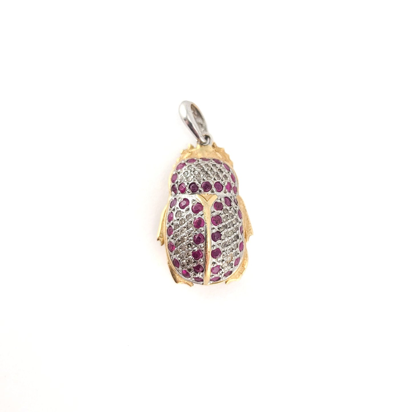 Vintage Diamond and Ruby Scarab Beetle Pendant in 18K Gold and Platinum