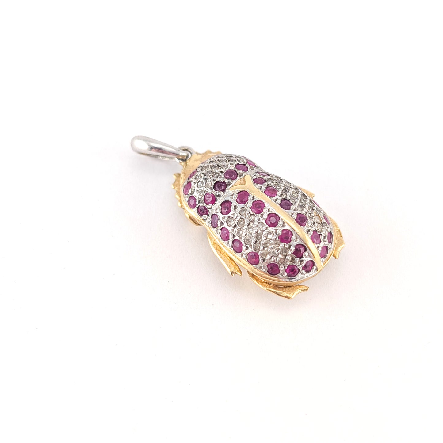 Vintage Diamond and Ruby Scarab Beetle Pendant in 18K Gold and Platinum