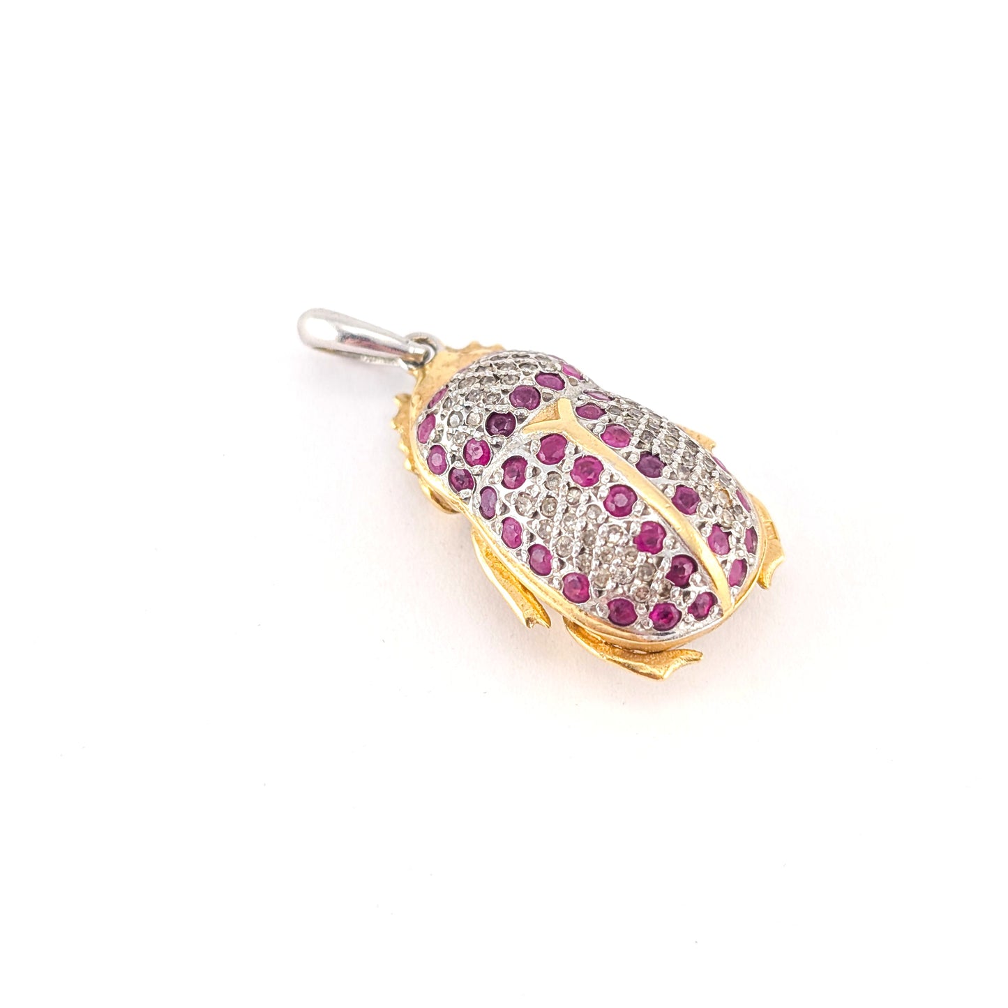 Vintage Diamond and Ruby Scarab Beetle Pendant in 18K Gold and Platinum