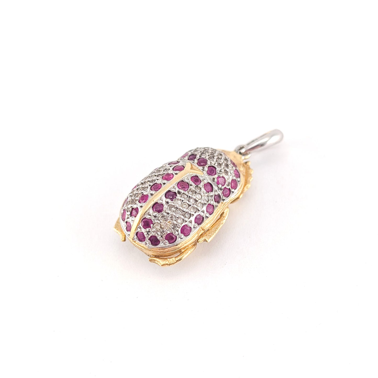Vintage Diamond and Ruby Scarab Beetle Pendant in 18K Gold and Platinum