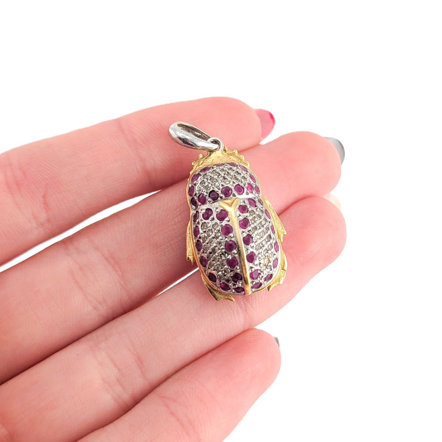 Vintage Diamond and Ruby Scarab Beetle Pendant in 18K Gold and Platinum