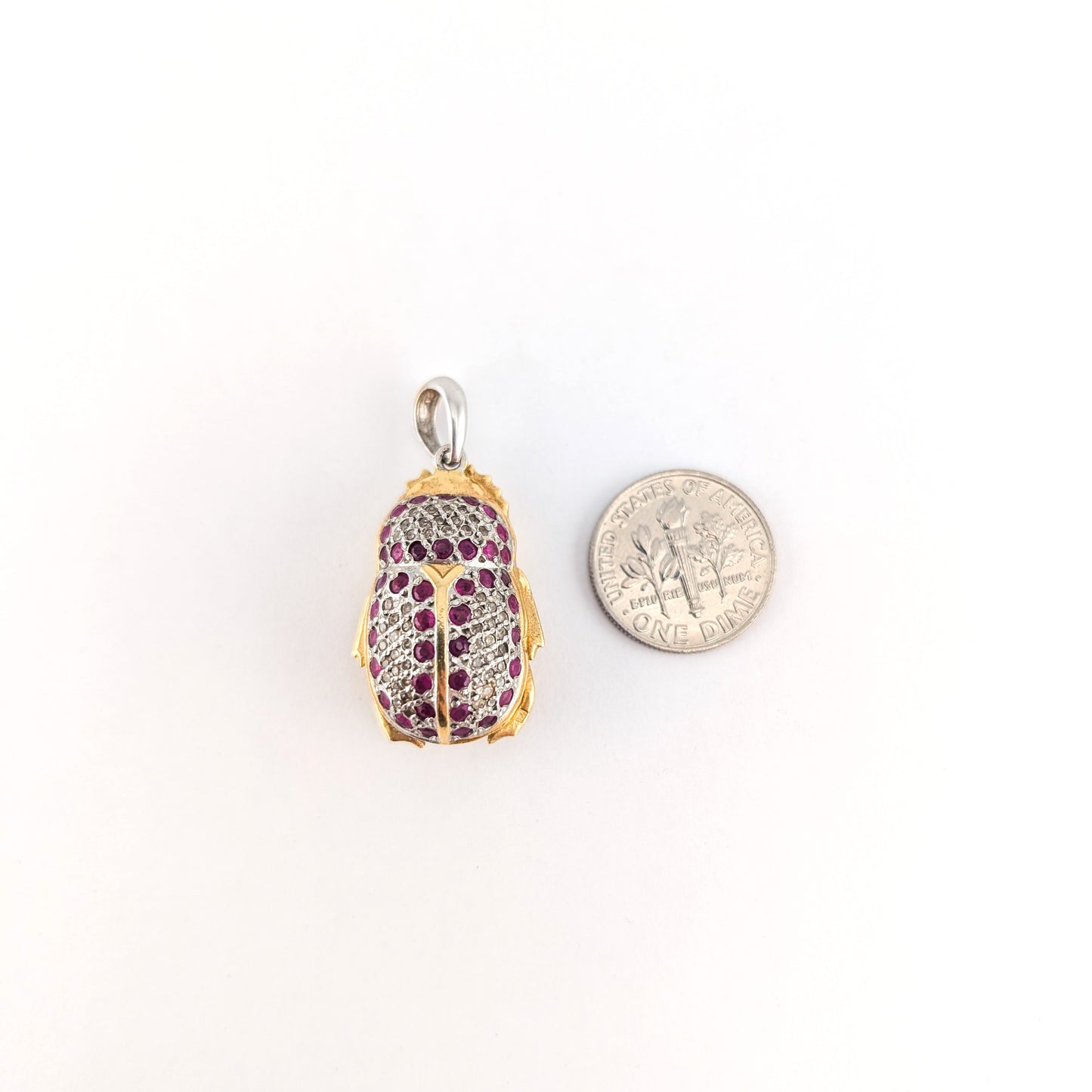 Vintage Diamond and Ruby Scarab Beetle Pendant in 18K Gold and Platinum