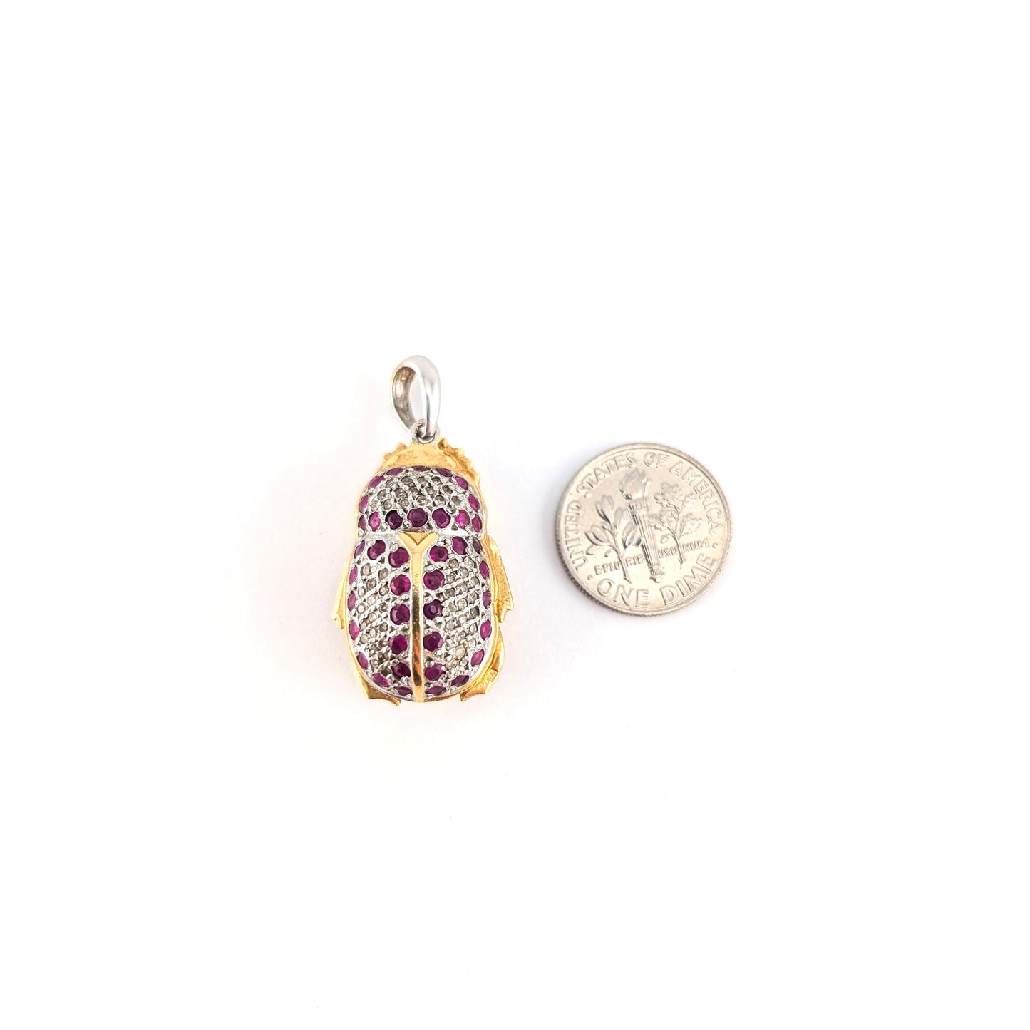 Vintage Diamond and Ruby Scarab Beetle Pendant in 18K Gold and Platinum