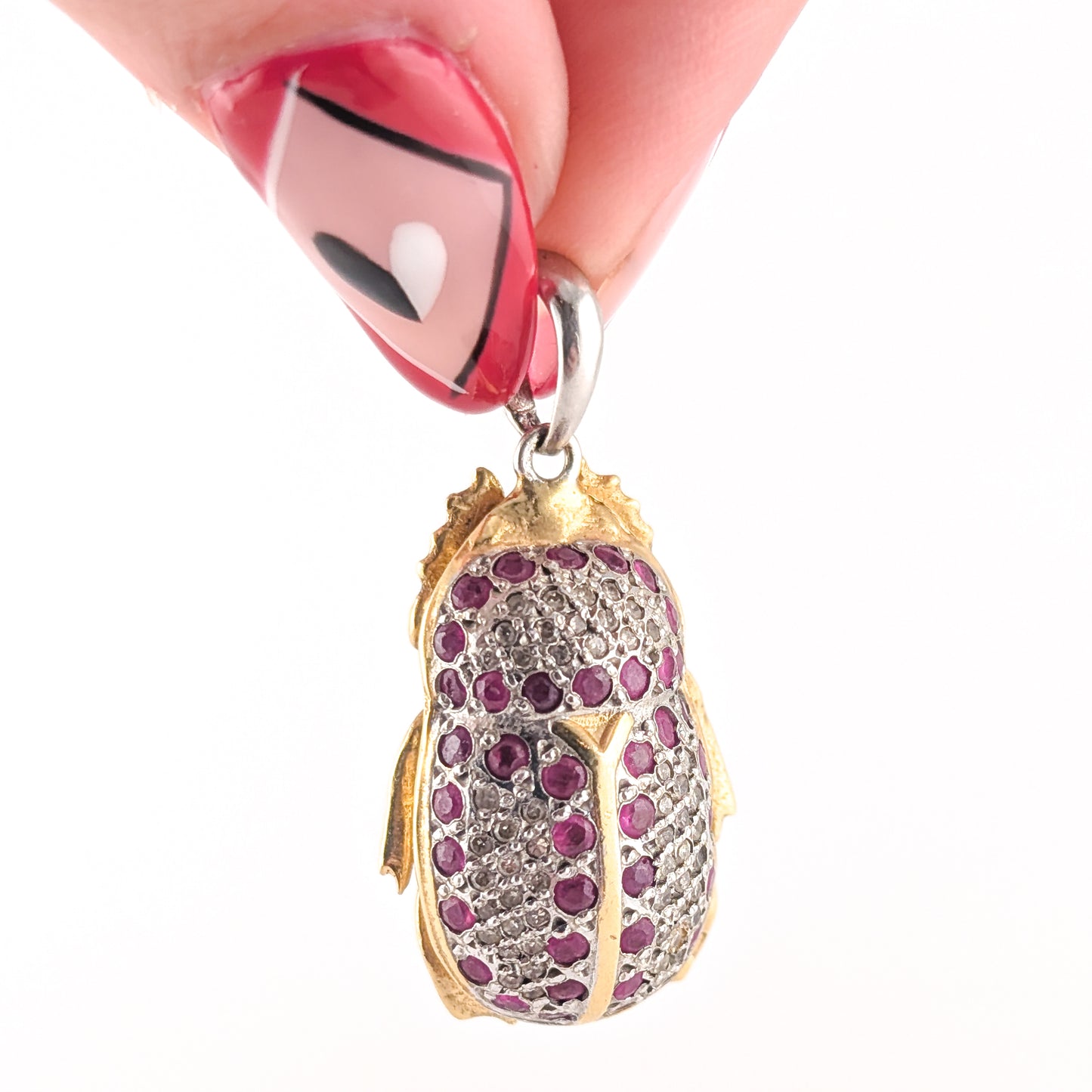 Vintage Diamond and Ruby Scarab Beetle Pendant in 18K Gold and Platinum