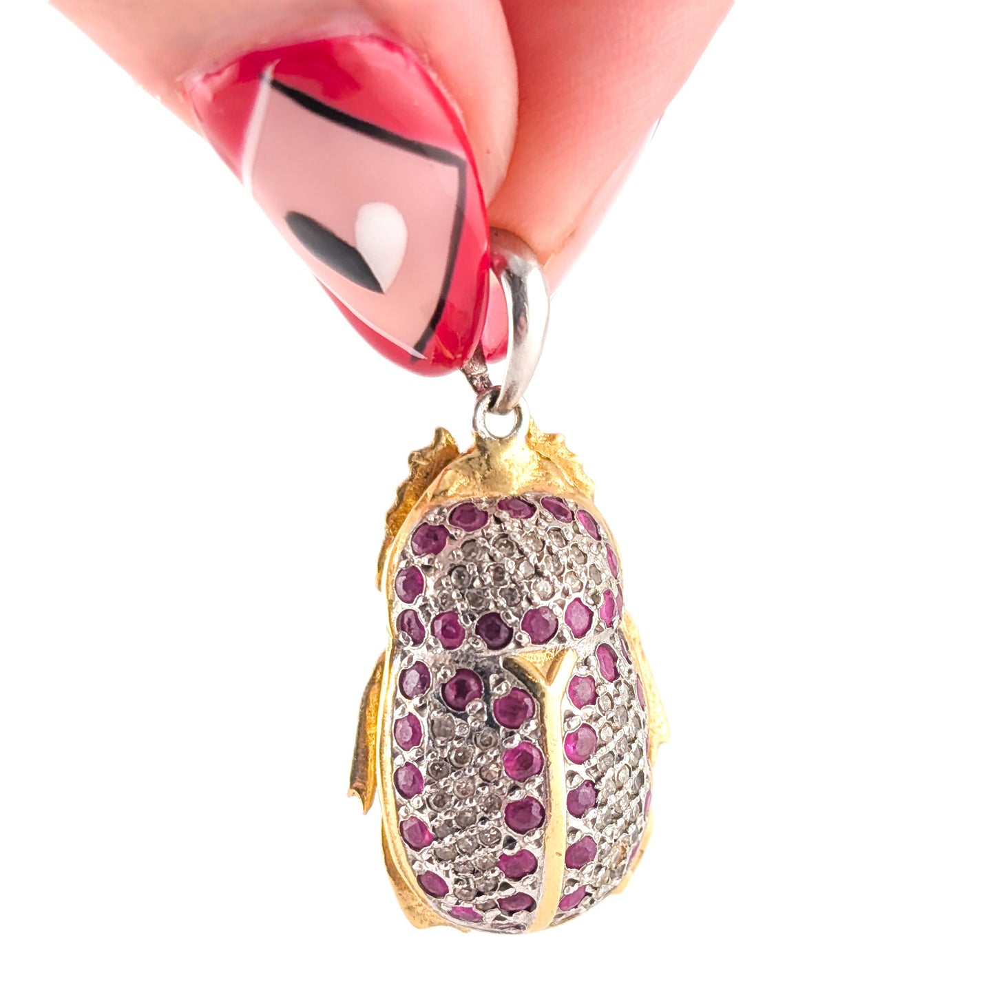 Vintage Diamond and Ruby Scarab Beetle Pendant in 18K Gold and Platinum