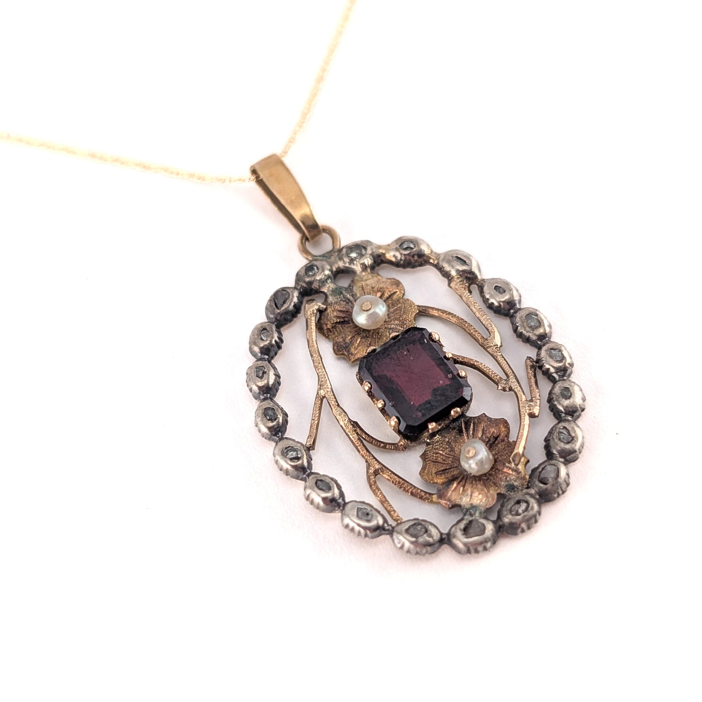 Georgian Garnet, Seed Pearl & Rose Cut Diamond Pendant in 14K Gold and Silver