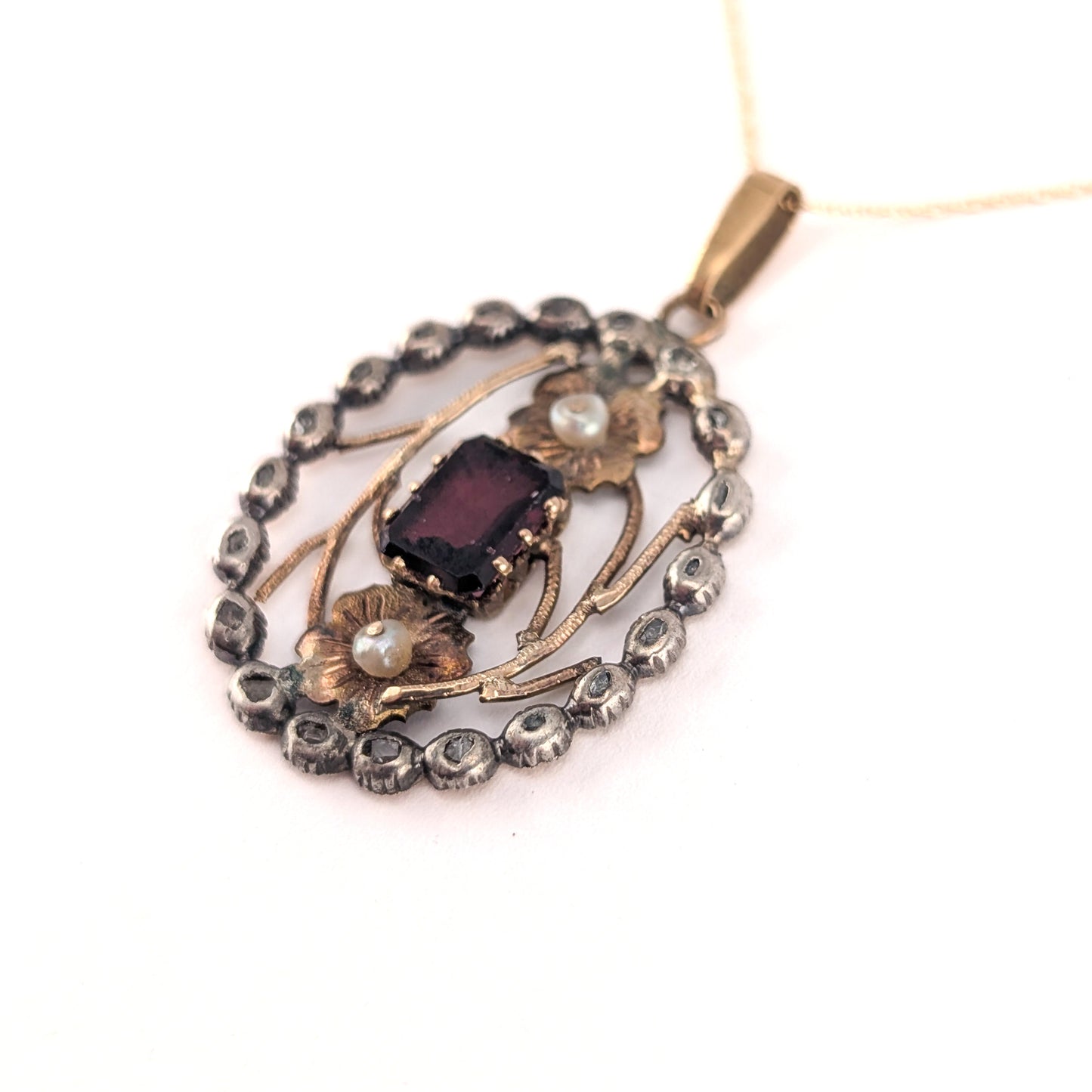 Georgian Garnet, Seed Pearl & Rose Cut Diamond Pendant in 14K Gold and Silver