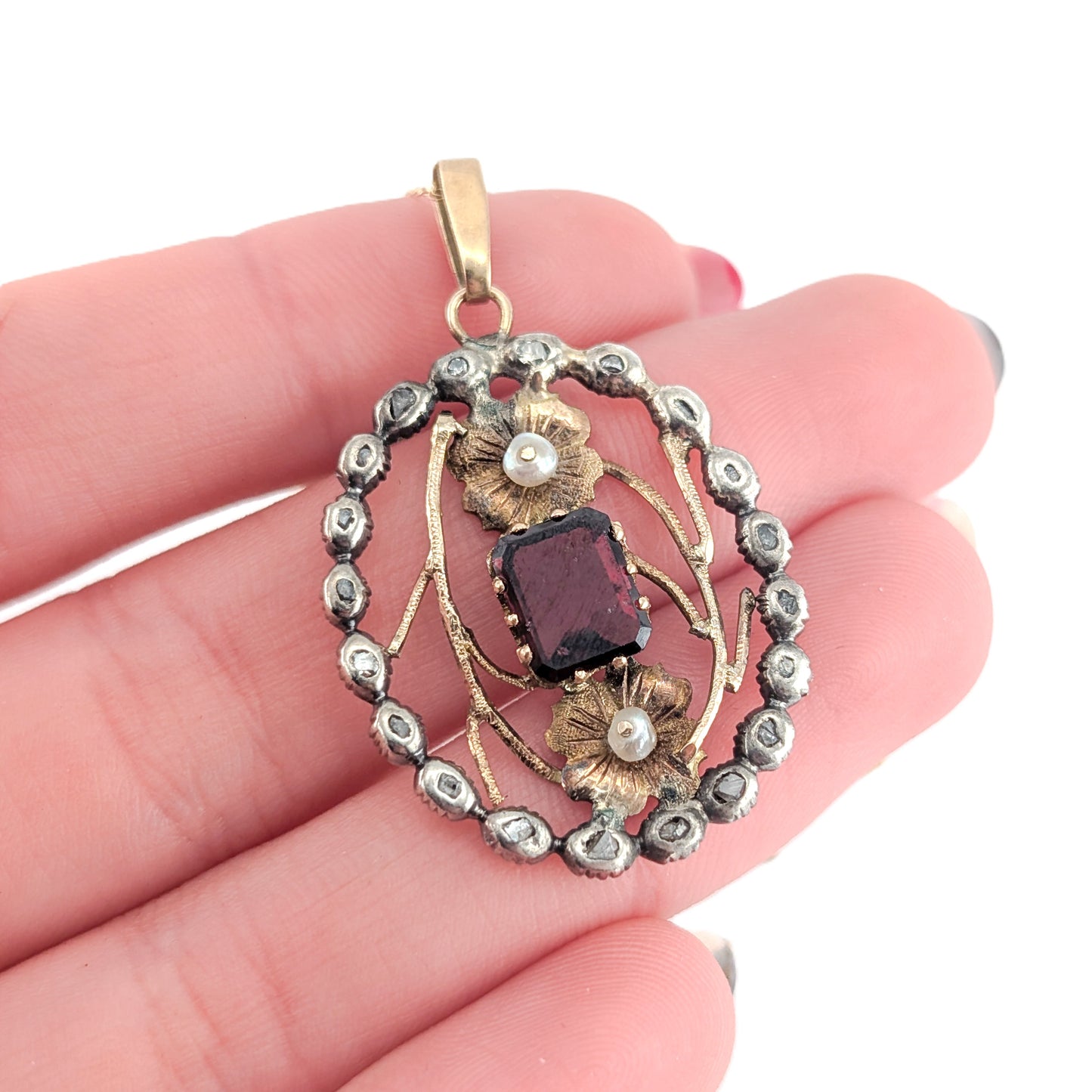 Georgian Garnet, Seed Pearl & Rose Cut Diamond Pendant in 14K Gold and Silver