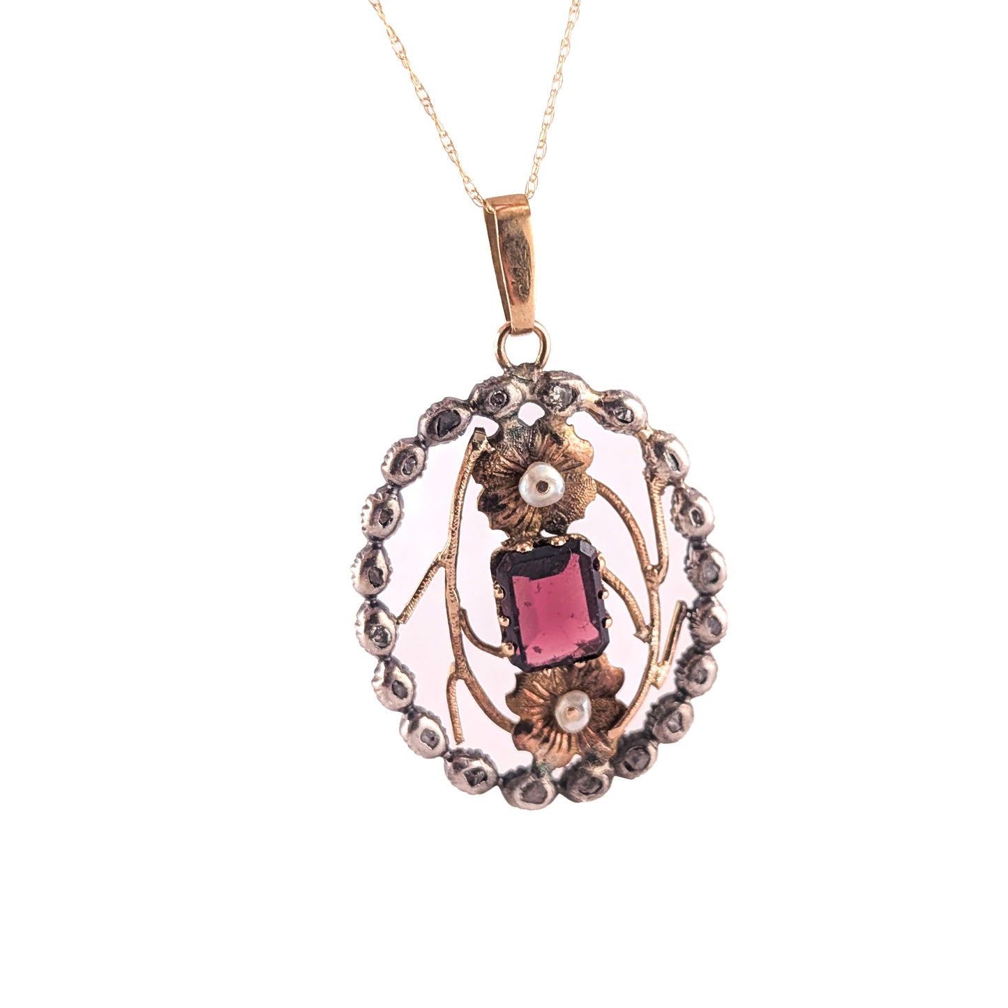 Georgian Garnet, Seed Pearl & Rose Cut Diamond Pendant in 14K Gold and Silver