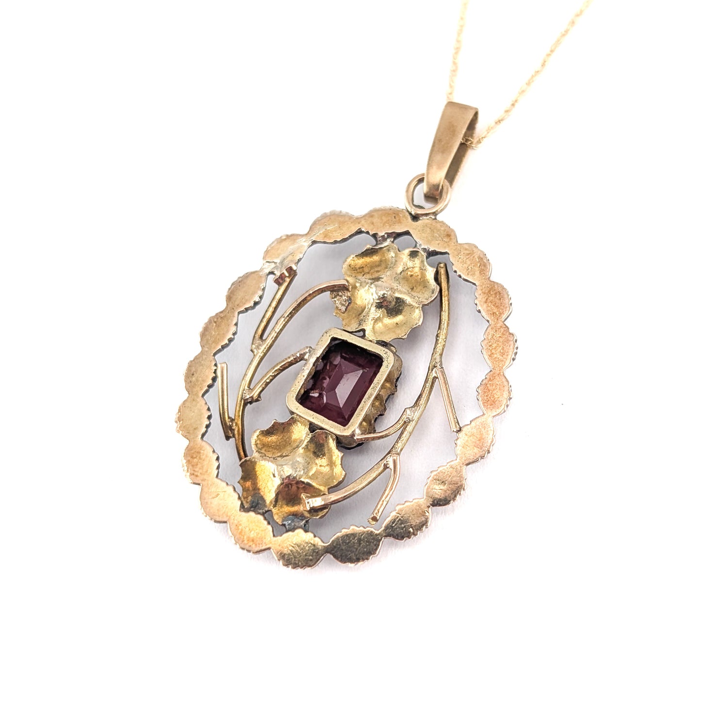 Georgian Garnet, Seed Pearl & Rose Cut Diamond Pendant in 14K Gold and Silver
