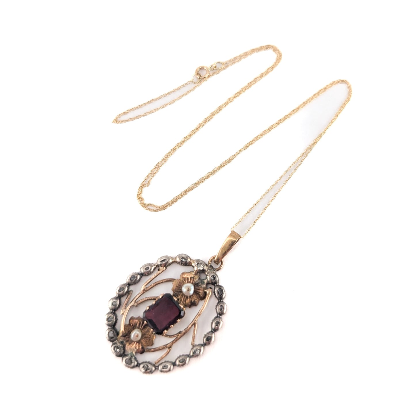 Georgian Garnet, Seed Pearl & Rose Cut Diamond Pendant in 14K Gold and Silver