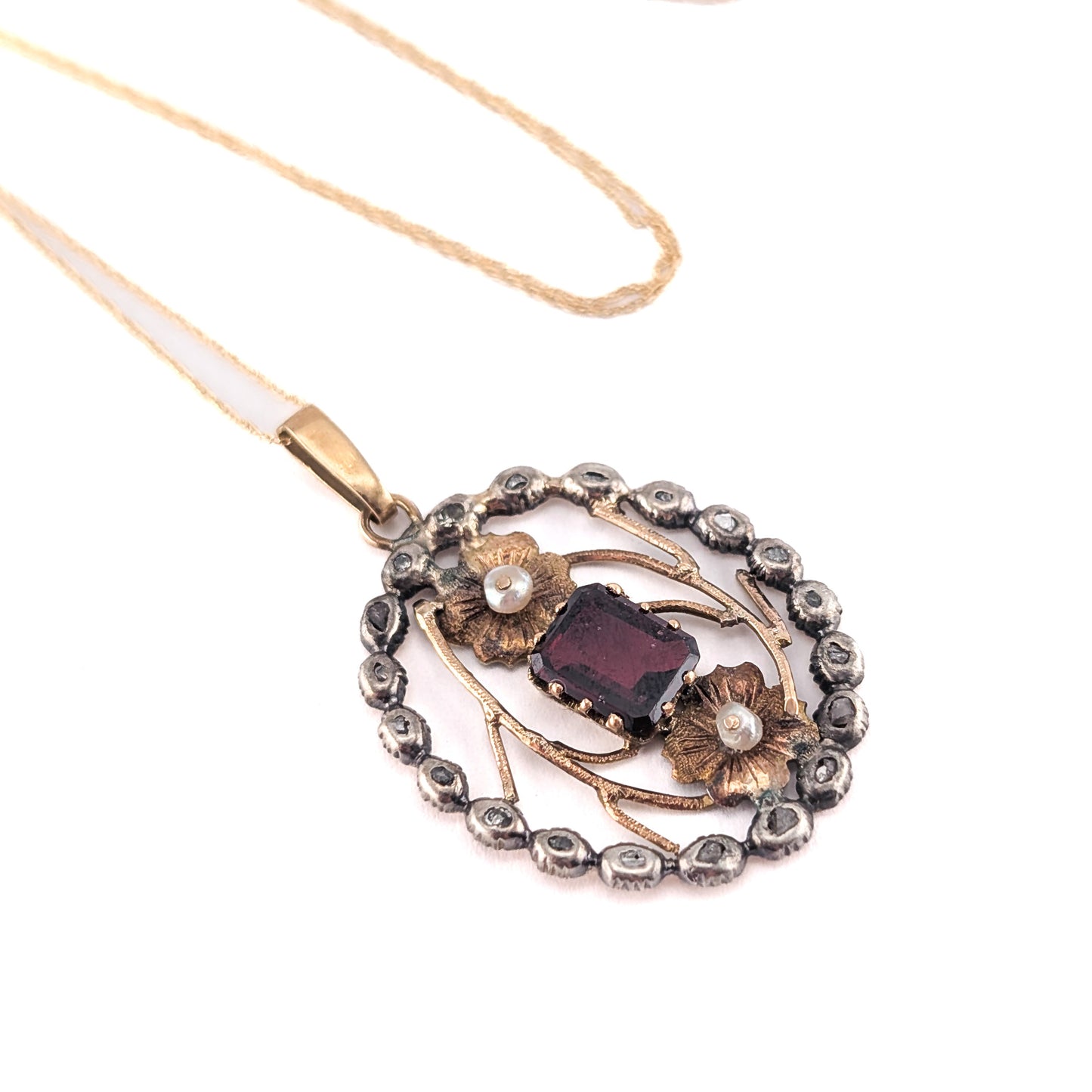 Georgian Garnet, Seed Pearl & Rose Cut Diamond Pendant in 14K Gold and Silver