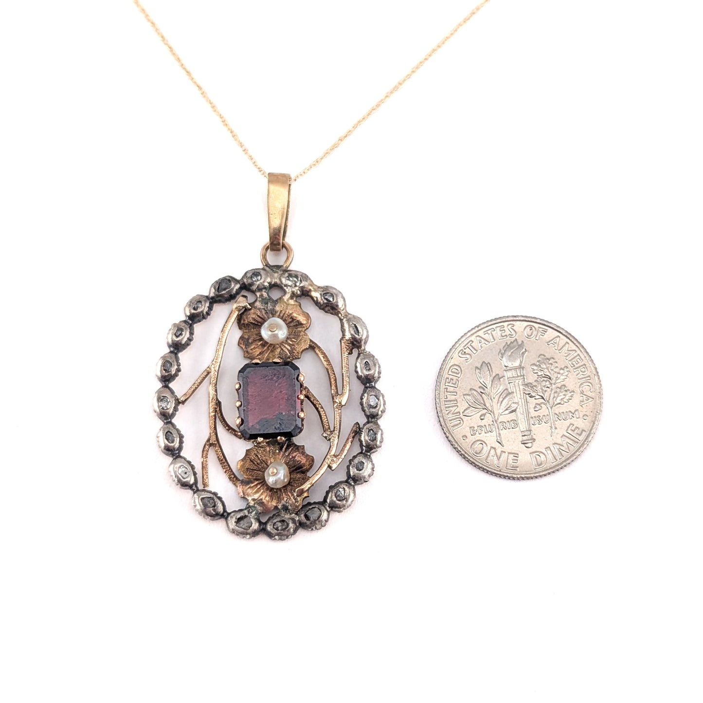 Georgian Garnet, Seed Pearl & Rose Cut Diamond Pendant in 14K Gold and Silver