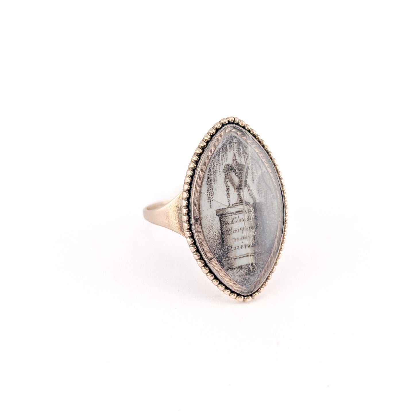 Antique Georgian Mourning Ring in 14K & 9K Gold with Sepia Urn Miniature and 1785 Engraving