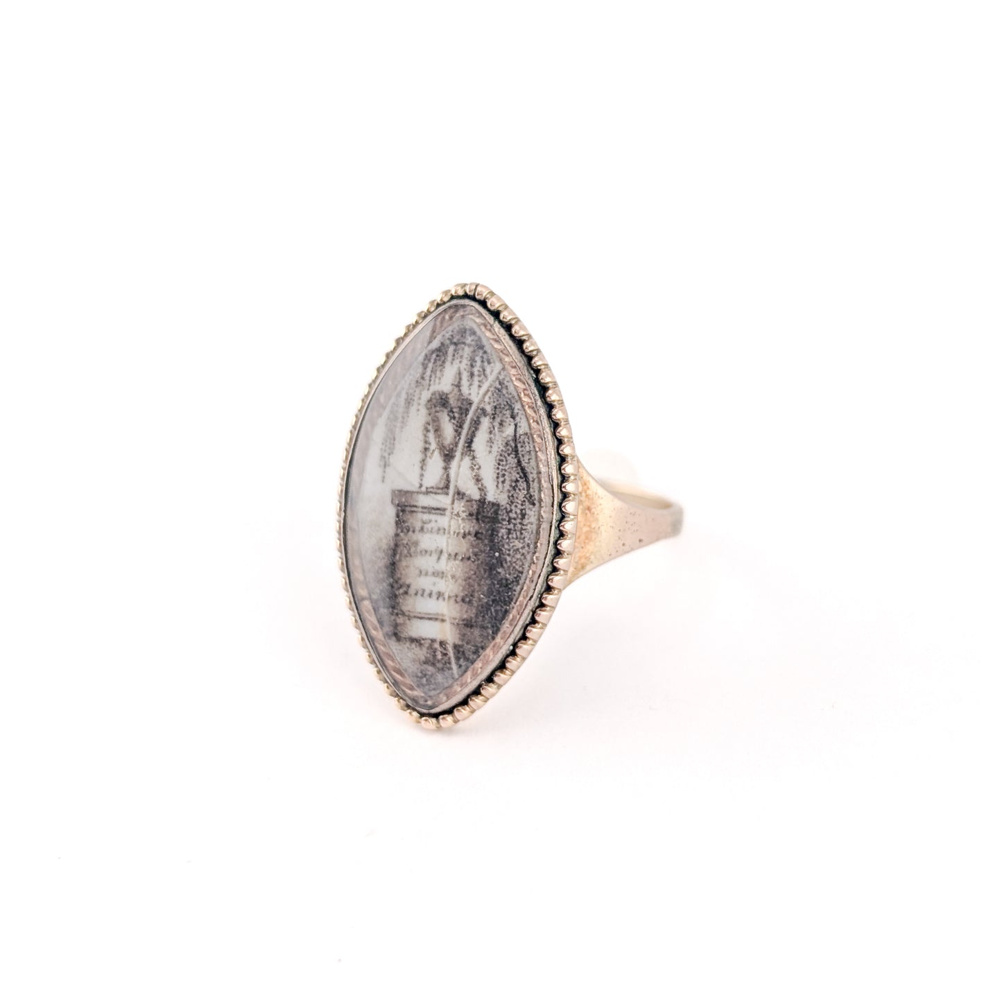 Antique Georgian Mourning Ring in 14K & 9K Gold with Sepia Urn Miniature and 1785 Engraving