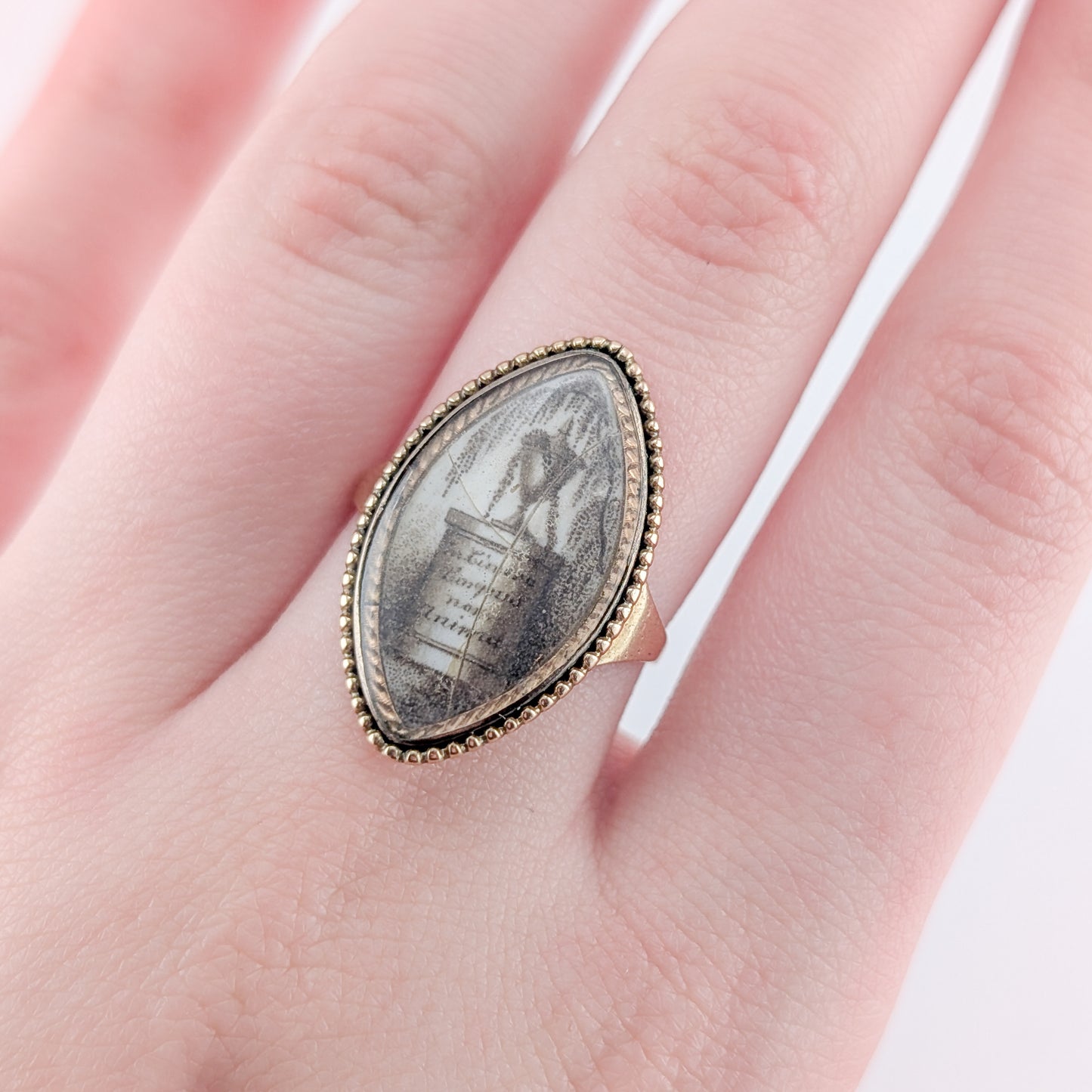 Antique Georgian Mourning Ring in 14K & 9K Gold with Sepia Urn Miniature and 1785 Engraving