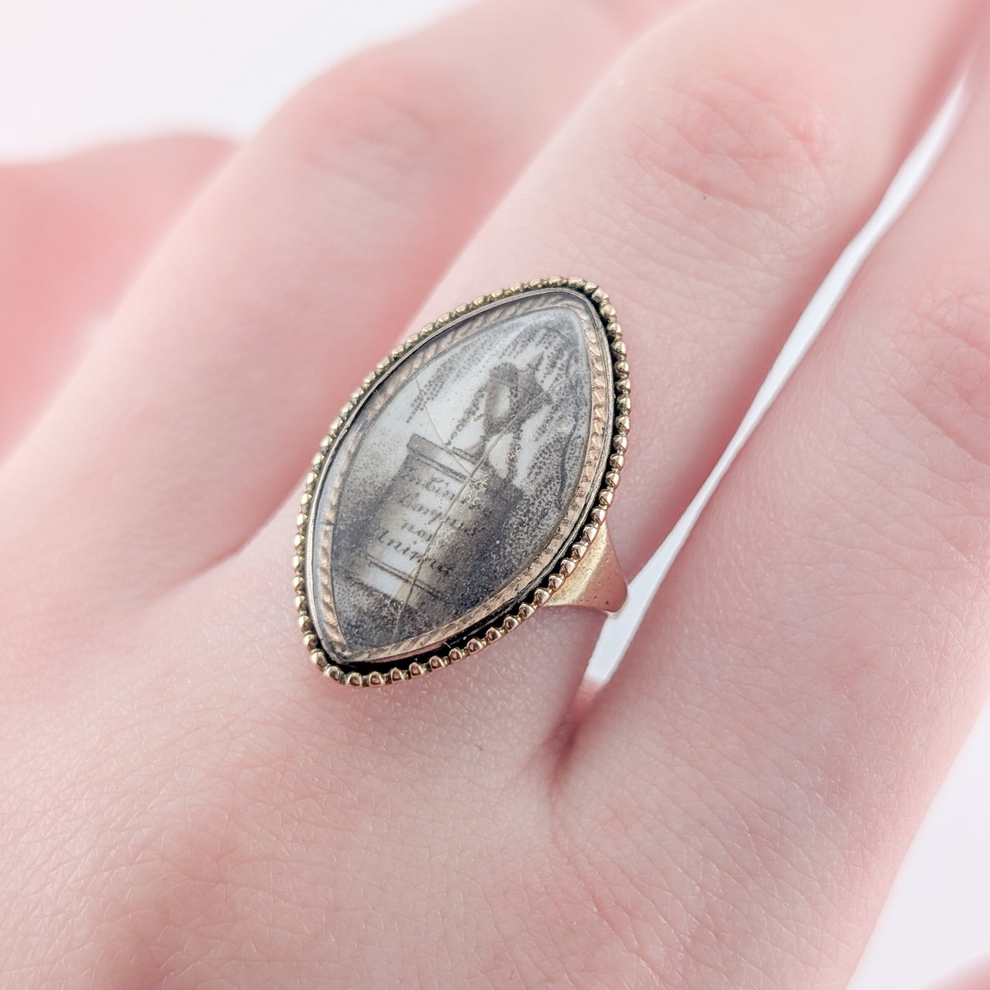 Antique Georgian Mourning Ring in 14K & 9K Gold with Sepia Urn Miniature and 1785 Engraving