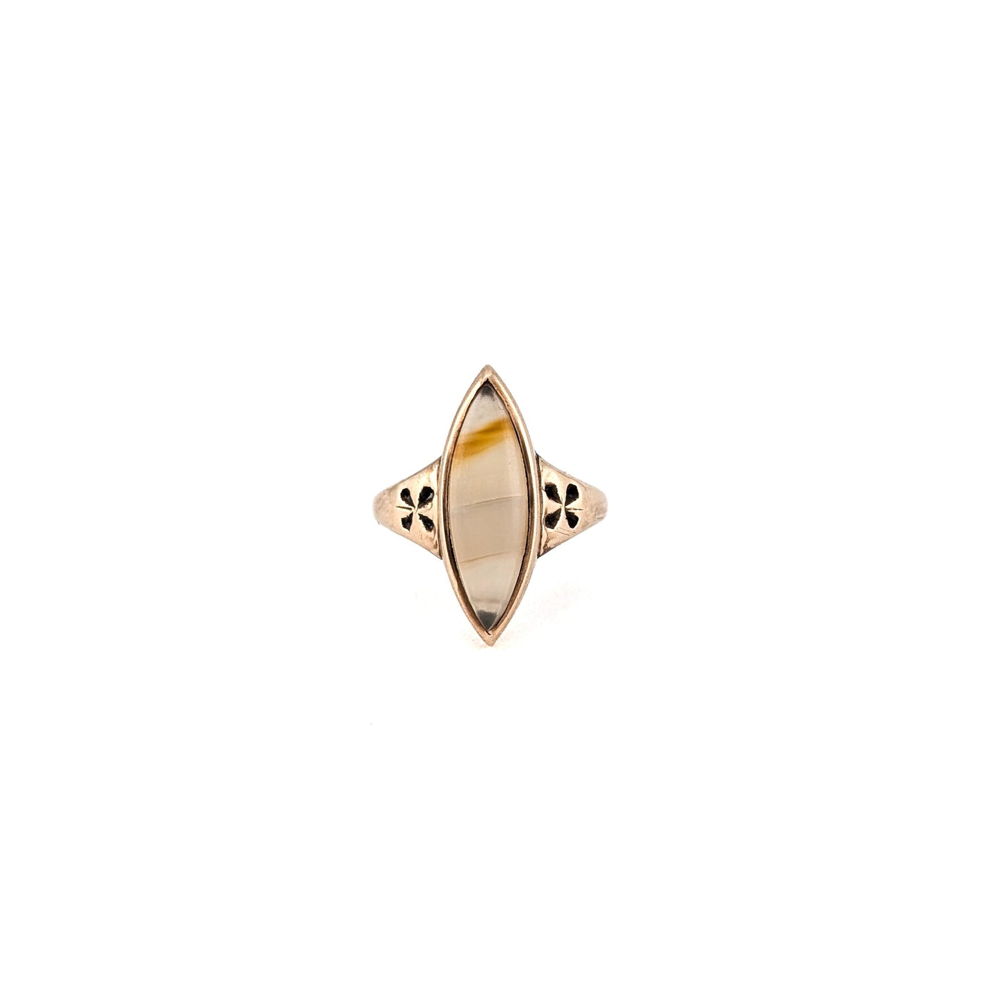 Antique 10K Gold Banded Agate Navette Ring