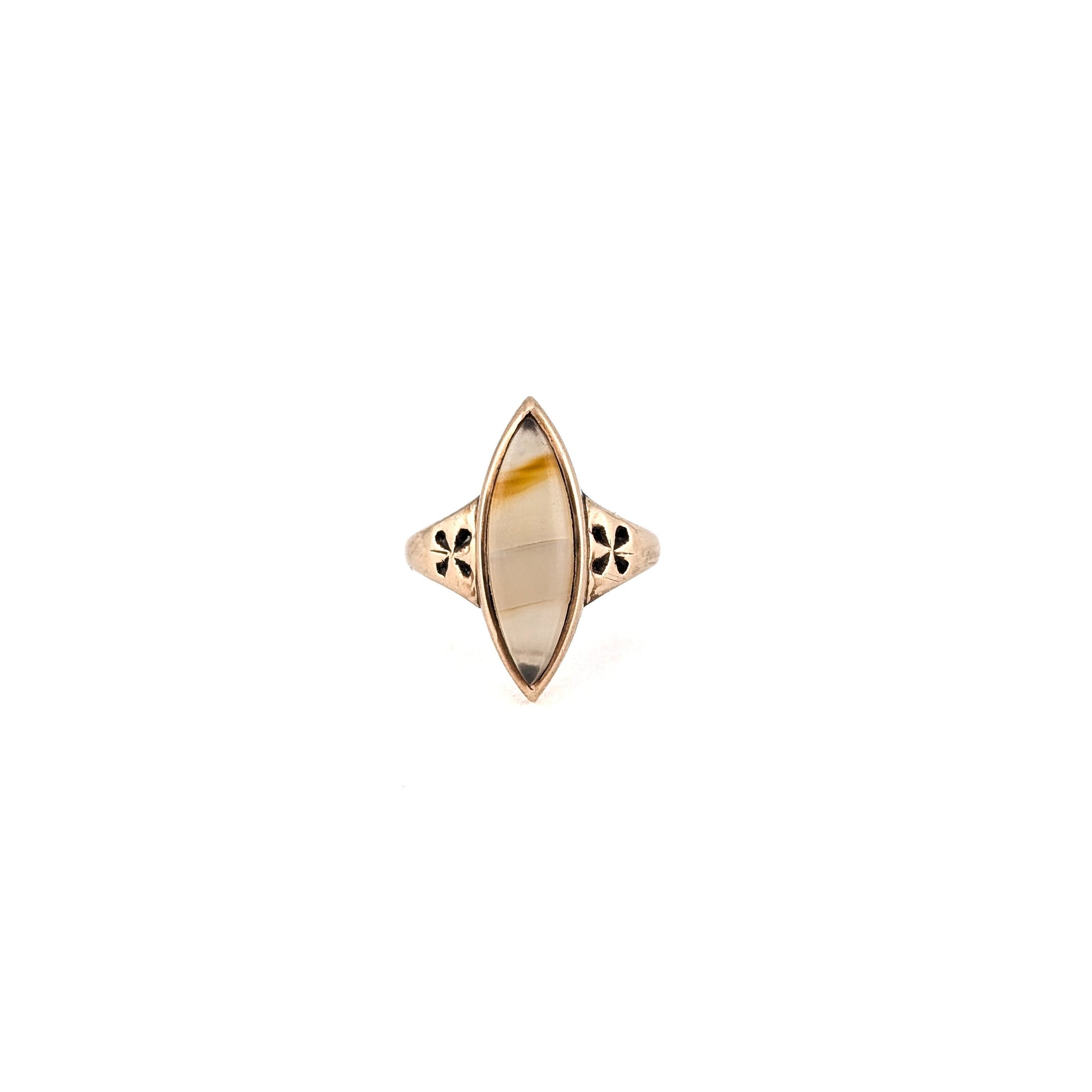 Antique 10K Gold Banded Agate Navette Ring