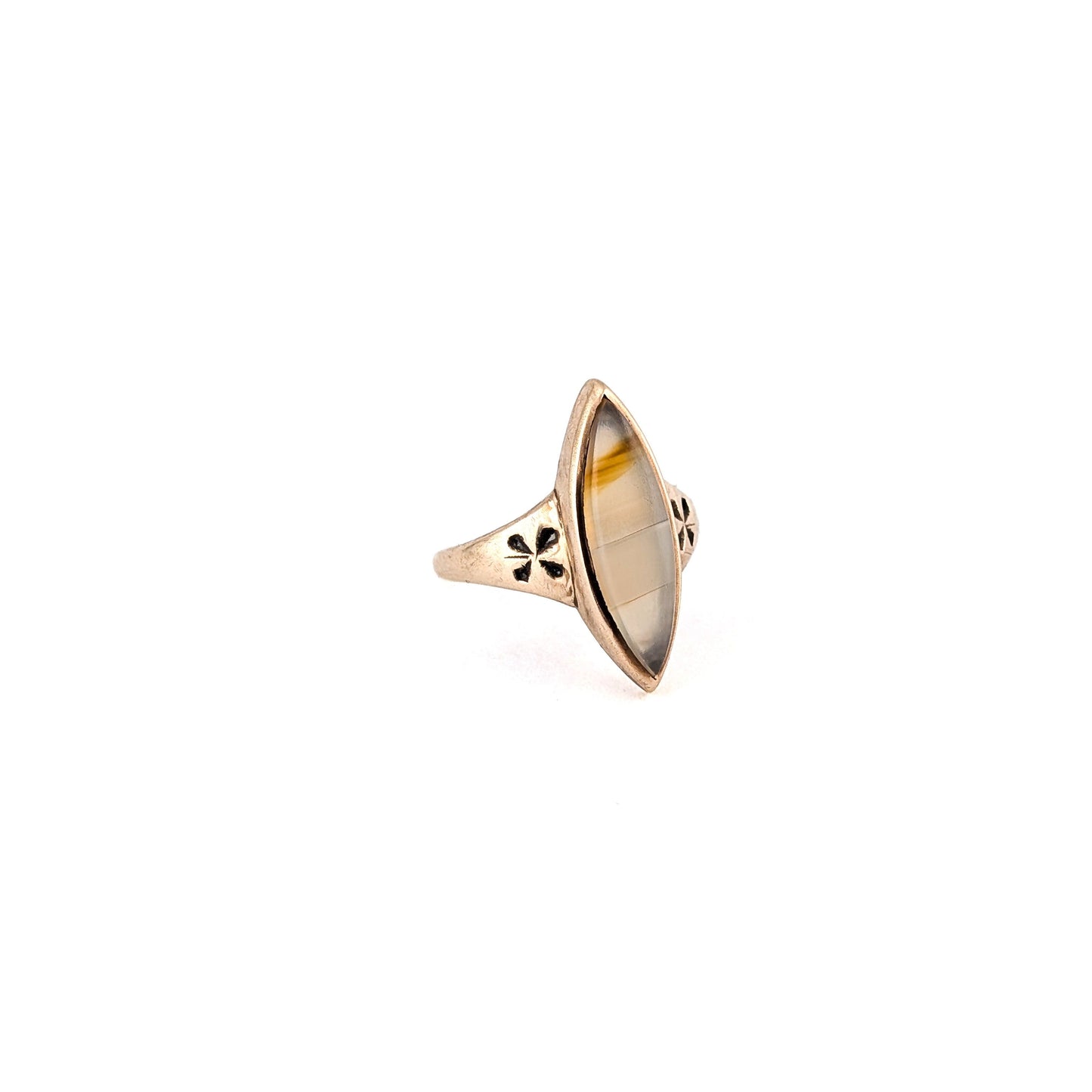 Antique 10K Gold Banded Agate Navette Ring