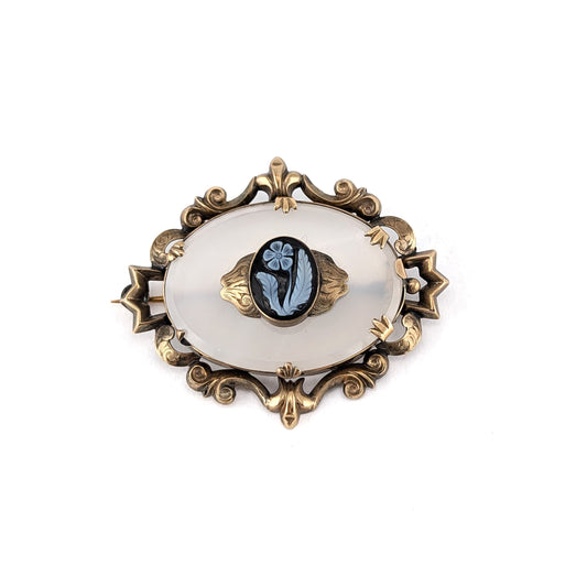 Antique 10K Gold Chalcedony & Agate Cameo Mourning Brooch – Victorian Brooch