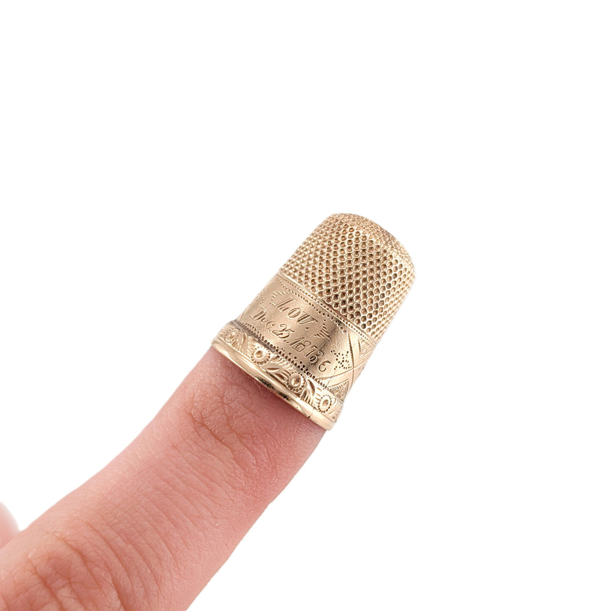 Antique 10K Gold Thimble – Engraved “LOU Dec 25 1873” – Victorian Collectible
