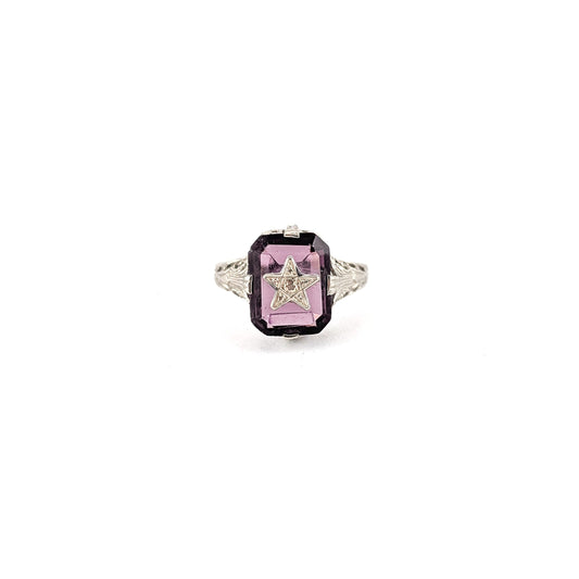 Antique Art Deco 10K White Gold Purple Glass Star Ring