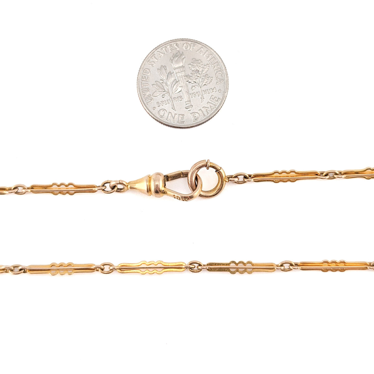 Antique 10K Yellow Gold Decorative Bar Link Watch Chain, 13"