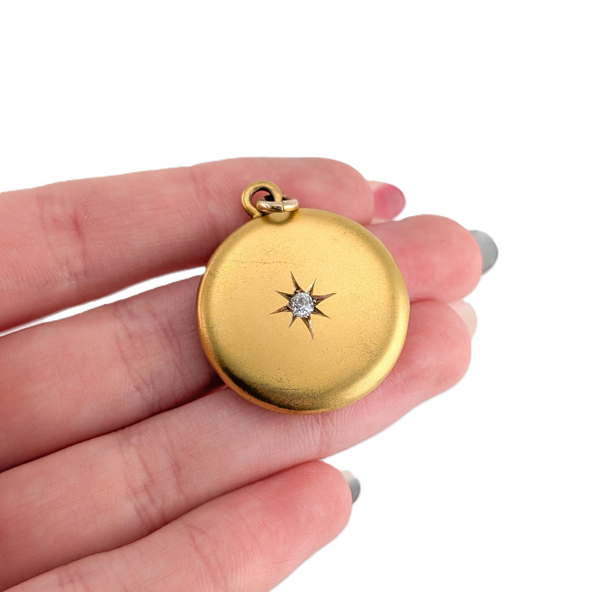 Antique 14K Gold Diamond Starburst Round Locket Pendant - Monogrammed "W"