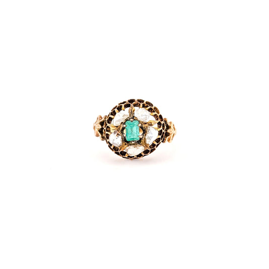 Antique 14K Gold Emerald and Rose Cut Diamond Cluster Ring
