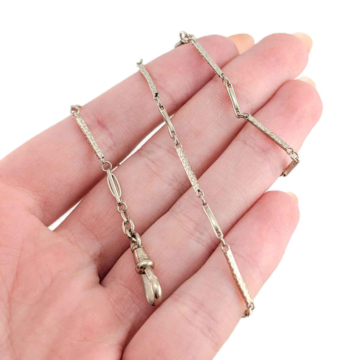 Antique 14K White Gold Art Deco Watch Chain w/ Engraved Bar Links - Swivel Clip