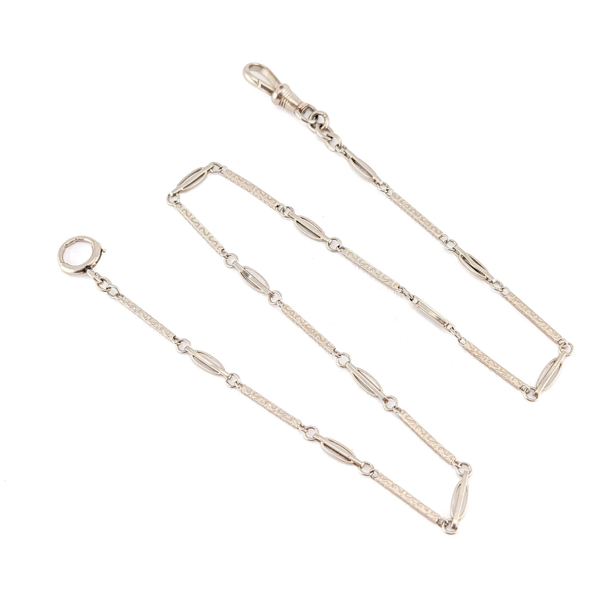 Antique 14K White Gold Art Deco Watch Chain w/ Engraved Bar Links - Swivel Clip