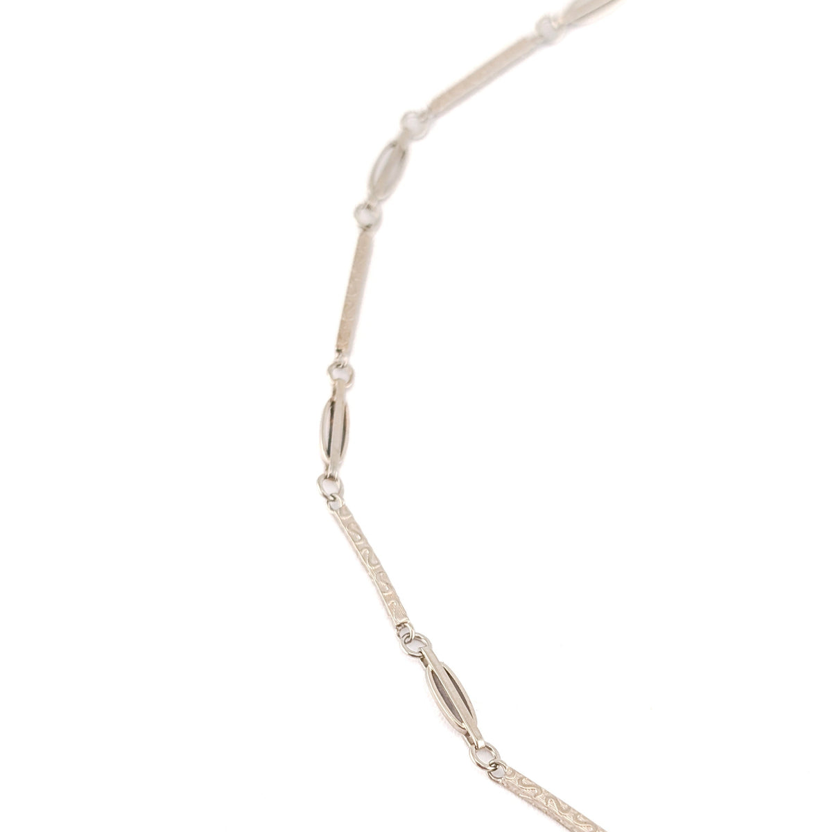 Antique 14K White Gold Art Deco Watch Chain w/ Engraved Bar Links - Swivel Clip