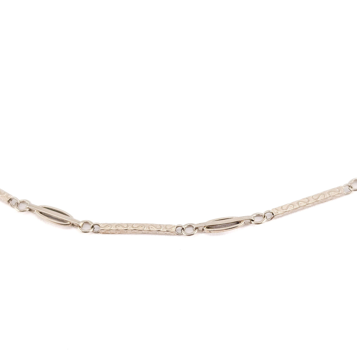 Antique 14K White Gold Art Deco Watch Chain w/ Engraved Bar Links - Swivel Clip