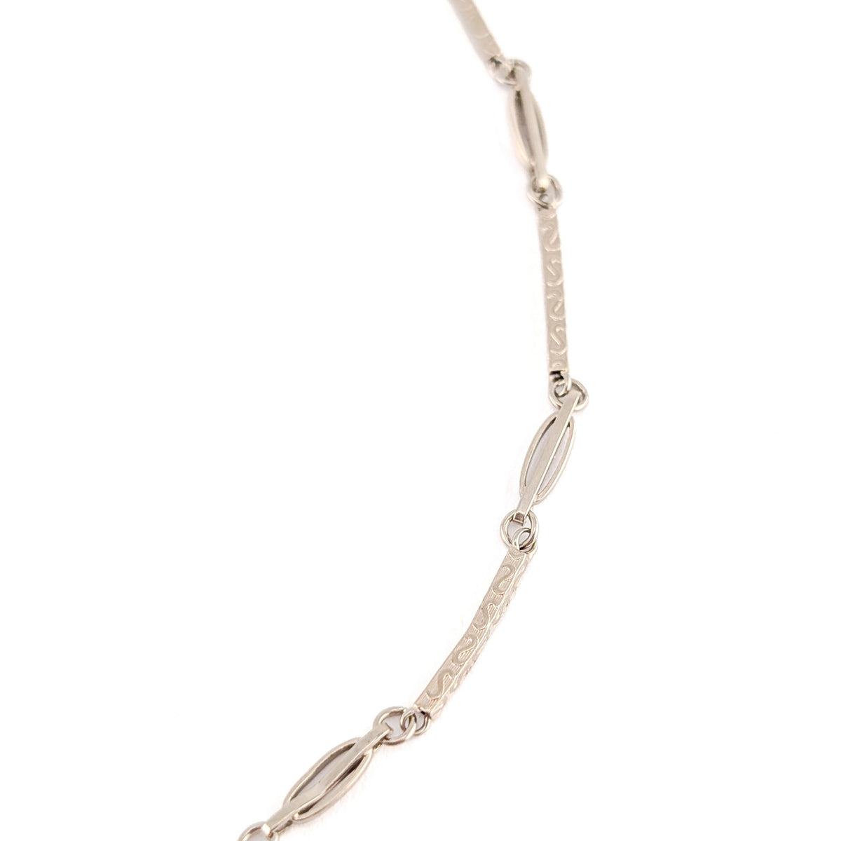 Antique 14K White Gold Art Deco Watch Chain w/ Engraved Bar Links - Swivel Clip